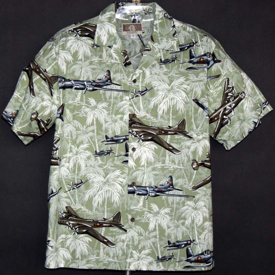 WW II Warbirds Hawaiian Shirt 250.085 Green - Click Image to Close